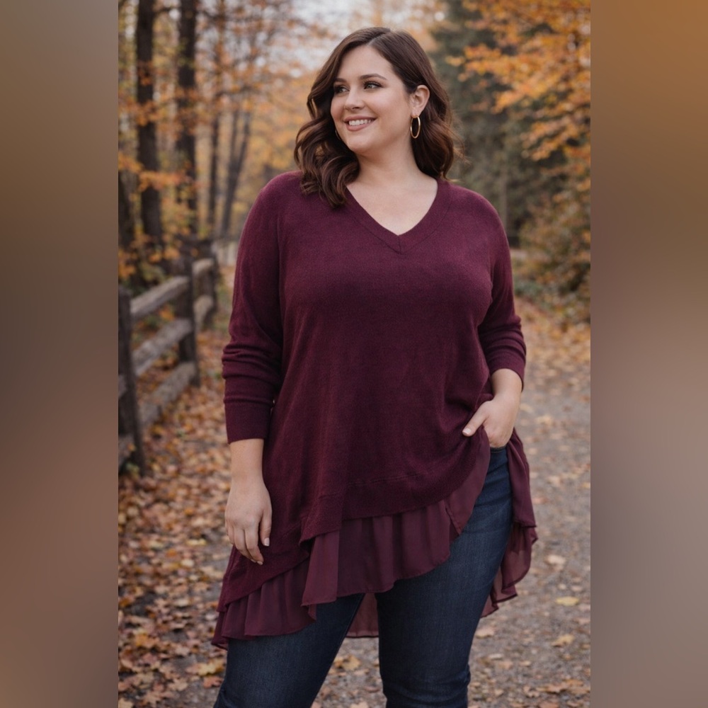 Torrid Burgundy Plum V-Neck Ruffle Hem Tunic Sweater Size 3X